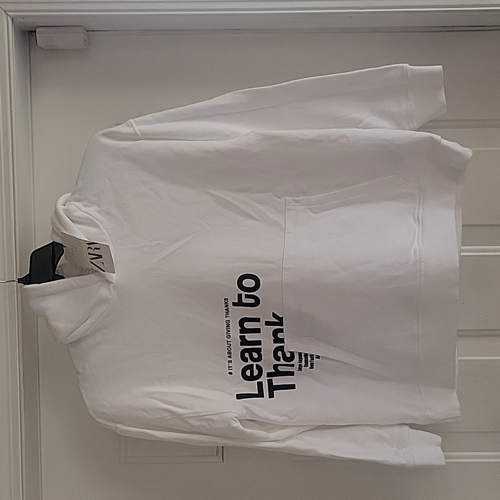 ZARA "Learn to Thank" White Hoodie Sz 11-12 YEARS